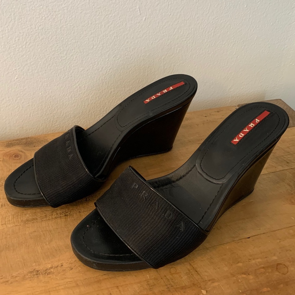 [PRADA] Black Sport Leather/Nylon Wedges - Size 7